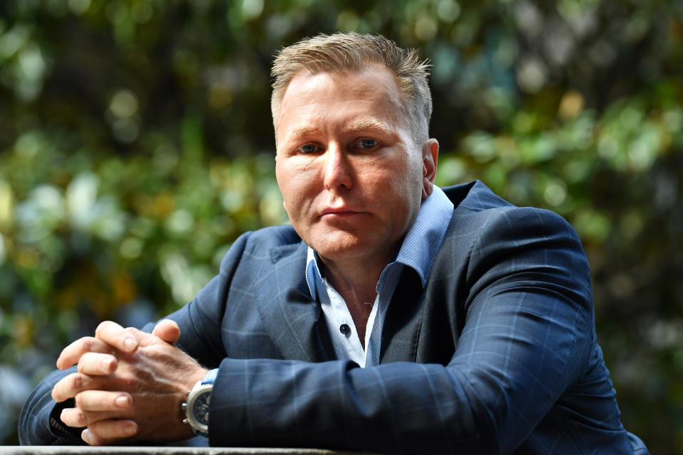 Bryan Wiseman outside the Downing Centre Local Court after giving his victims impact statement in Sydney, Friday, November 8, 2019. Trevor Allan Dale was found guilty of raping the former Home and Away actor when he was a child. (AAP Image/Dean Lewins) NO ARCHIVING