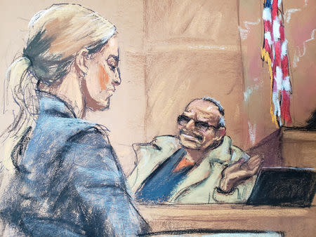 Assistant United States Attorney Gina Parlovecchio questions witness Jesus Zambada (R), the brother of Ismael "El Mayo" Zambada who was Guzman's alleged partner in running the Sinaloa Cartel, during the trial of the accused Mexican drug lord Joaquin "El Chapo" Guzman (not shown), in this courtroom sketch in Brooklyn federal court in New York, U.S., November 19, 2018. REUTERS/Jane Rosenberg