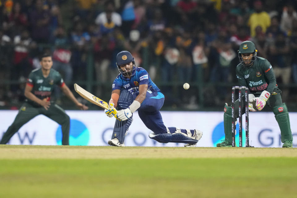 Sri Lanka's Sadeera Samarawickrama plays a shot during the one day international cricket match between Sri Lanka and Bangladesh of Asia Cup in Pallekele, Sri Lanka on Thursday, Aug. 31. (AP Photo/Eranga Jayawardena)