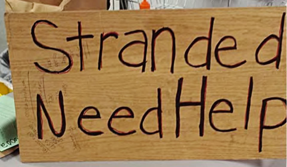 This undated photo provided by the Midland, Texas, Police Department shows a sign confiscated from a homeless person. Officers Derek Hester and Daniel Zoelzer were disciplined with a three-day suspension recently for having a contest to see who could confiscate the most signs. (AP Photo/Midland Police Department)