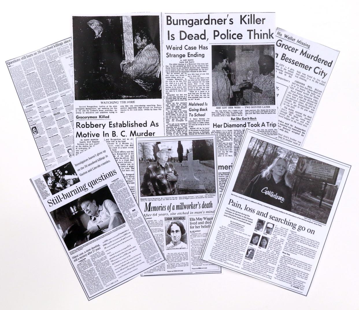 A collage of articles about unsolved deaths in Gaston County.