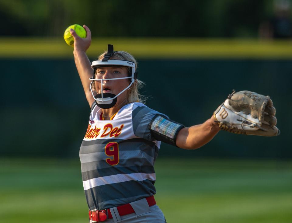 Mater Dei's Alessia Baumann (9) winds up her pitch against the North Posey Lady Vikings in the 2023 IHSAA 2A Girls’ Softball Sectional Championship at Forest Park High School in Ferdinand, Ind., Wednesday evening, May 24, 2023.