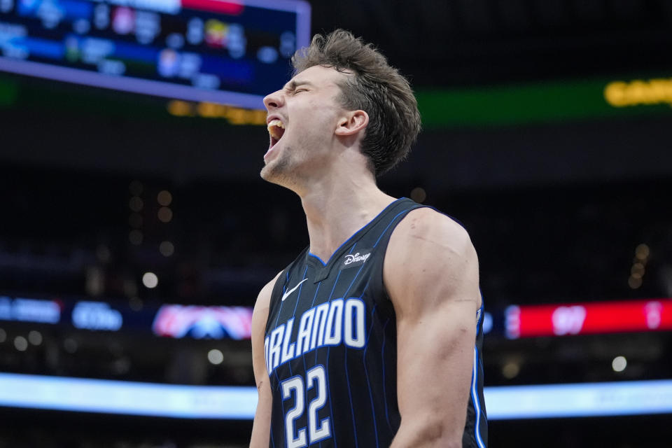 Orlando Magic forward Franz Wagner celebrates during the second half of an NBA basketball game against the Washington Wizardsw, Wednesday, March 6, 2024, in Washington. The Magic won 119-109. (AP Photo/Alex Brandon)