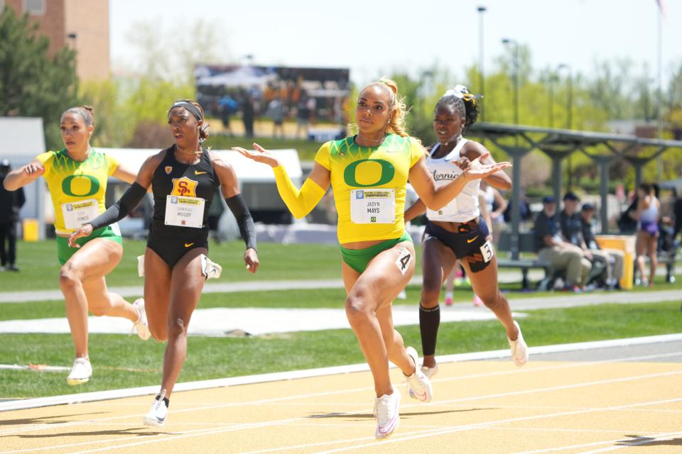Oregon's Jadyn Mays won both the 100 and 200 meters at the Pac-12 Track & Field Championships in Boulder, Colorado.