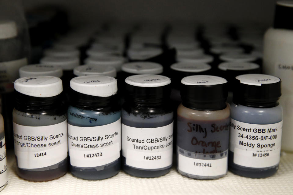 In this June 27, 2019 photo, ink samples collected by former U.S. Secret Service chief chemist Antonio Cantu sit on a shelve in a newly-dedicated International Ink Library in remembrance of Cantu at the Secret Service headquarters building in Washington. The library contains more than 15,000 samples of pen, marker and printer inks dating back to the 1920s. (AP Photo/Patrick Semansky)