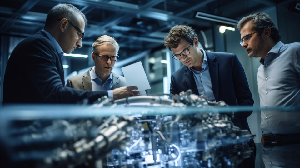 A team of engineers discussing around a fully-equipped flex test platform system.