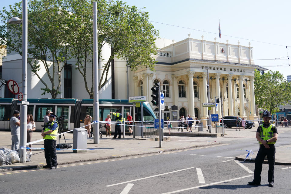 Police officers in Nottingham city centre, as police have put in place multiple road closures in Nottingham as officers deal with an ongoing serious incident. The Nottingham Express Transit (NET) tram network said it has suspended all services due to 