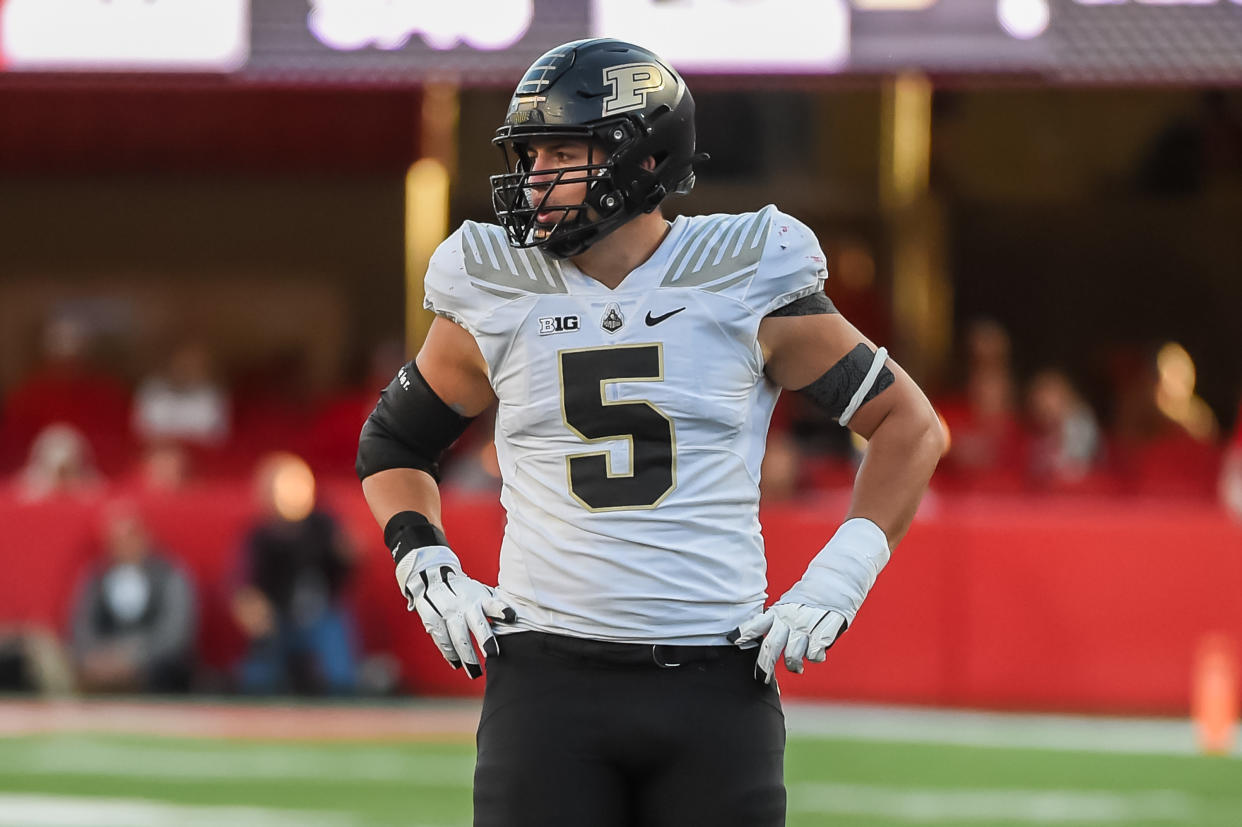 Purdue EDGE George Karlaftis is expected to be a first-round pick. (Photo by Steven Branscombe/Getty Images)
