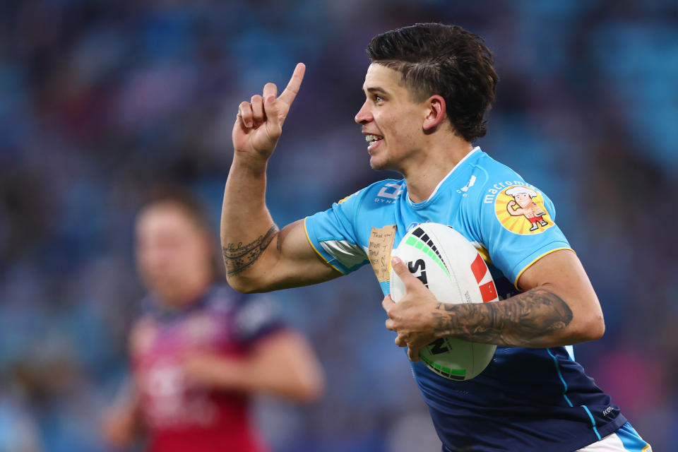 GOLD COAST, AUSTRALIA - JULY 30: Jayden Campbell of the Titans celebrates a try during the round 22 NRL match between Gold Coast Titans and North Queensland Cowboys at Cbus Super Stadium on July 30, 2023 in Gold Coast, Australia. (Photo by Chris Hyde/Getty Images)