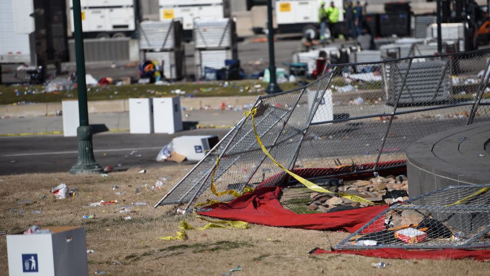 Crime scene tape hangs from a fence following the prior day's shooting at Kansas City's Union Station. - Emmalee Reed/CNN