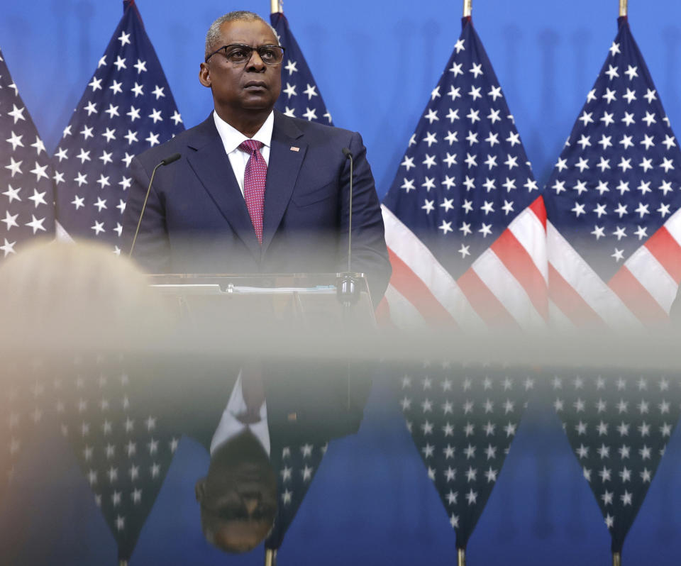 FILE - U.S. Secretary for Defense Lloyd J. Austin III speaks during a media conference at NATO headquarters in Brussels, Wednesday, June 15, 2022. (AP Photo/Olivier Matthys, File)