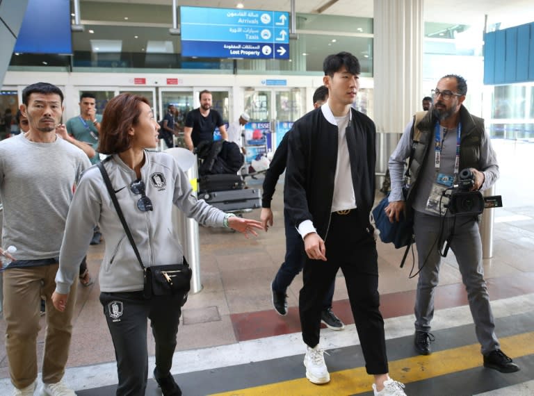 Son Heung-min (2-R) arrived in Dubai after playing in Tottenham's 1-0 loss to Manchester United on Sunday