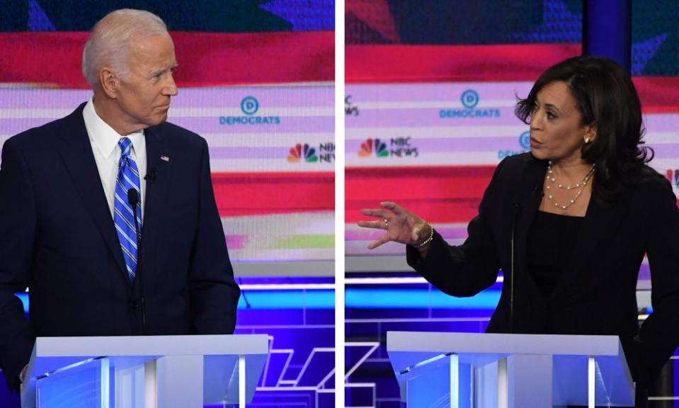 Joe Biden and Kamala Harris speak during the second Democratic primary debate, in Miami in June.