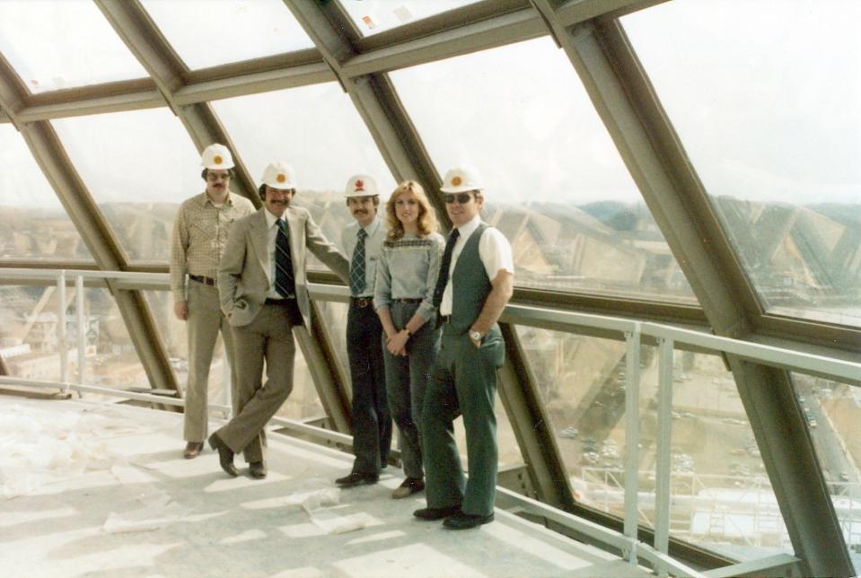 Carol Frederick participates in a walk-through for the under-construction Sunsphere in March 1982, three months after starting her career in estimating. The company, known at that time as Rentenbach Constructors, served as the construction manager for the 1982 World’s Fair. From left: Gene Pratt, Jim Davis, Bit Vehill, Frederick and Mike Carringer.