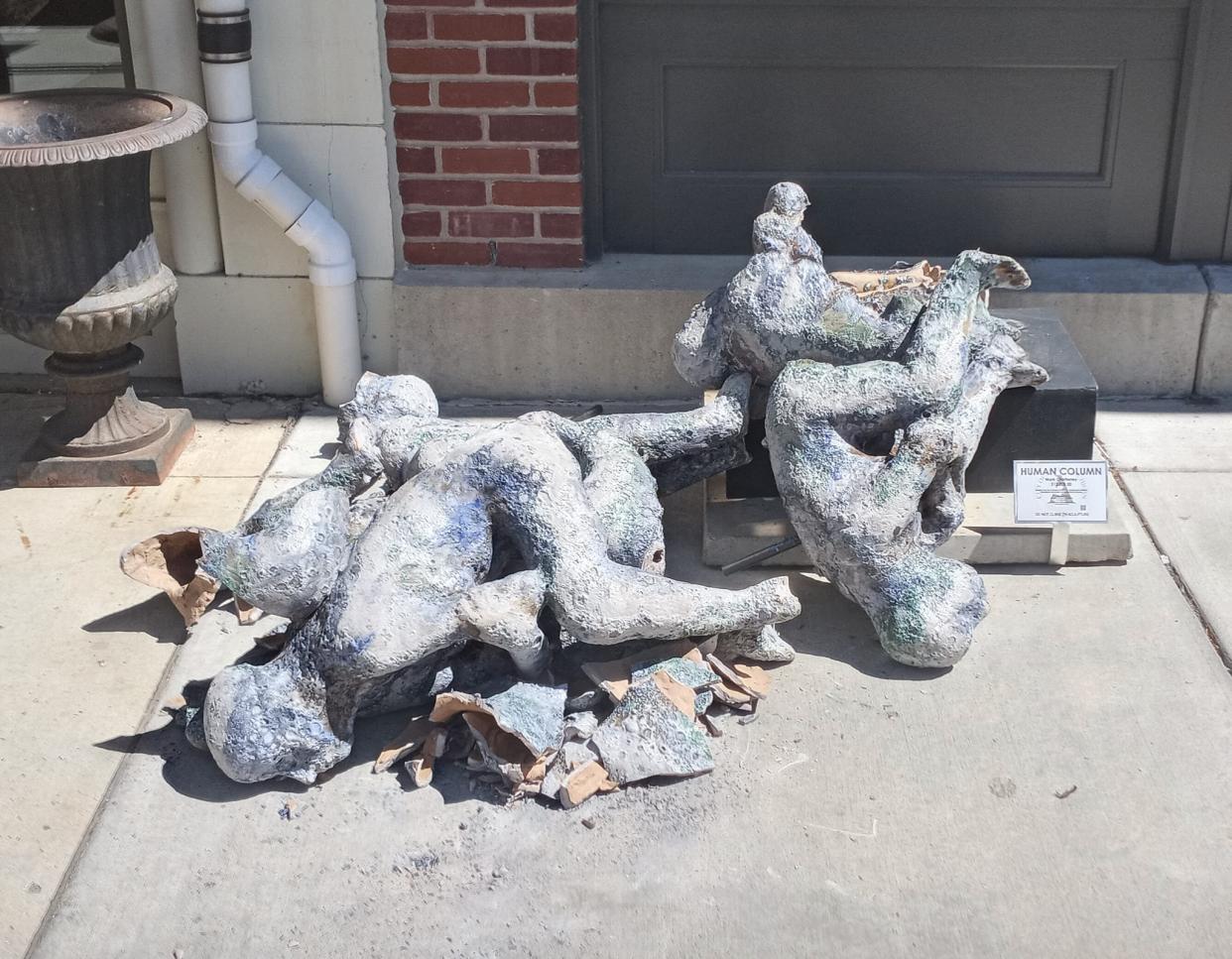 The sculpture titled "Human Column" was vandalized Saturday, according to the Adrian Police Department. The sculpture was in front of Farver's at the Croswell in downtown Adrian. A suspect in the vandalism had been apprehended as of Monday, Adrian police said.