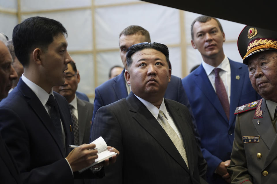 In this photo released by Khabarovsky Krai region government, North Korean leader Kim Jong Un visits a Russian aircraft plant that builds fighter jets in Komsomolsk-on-Amur, about 6,200 kilometers (3,900 miles) east of Moscow, Russia, Friday, Sept. 15, 2023. (Khabarovsky Krai region government via AP)