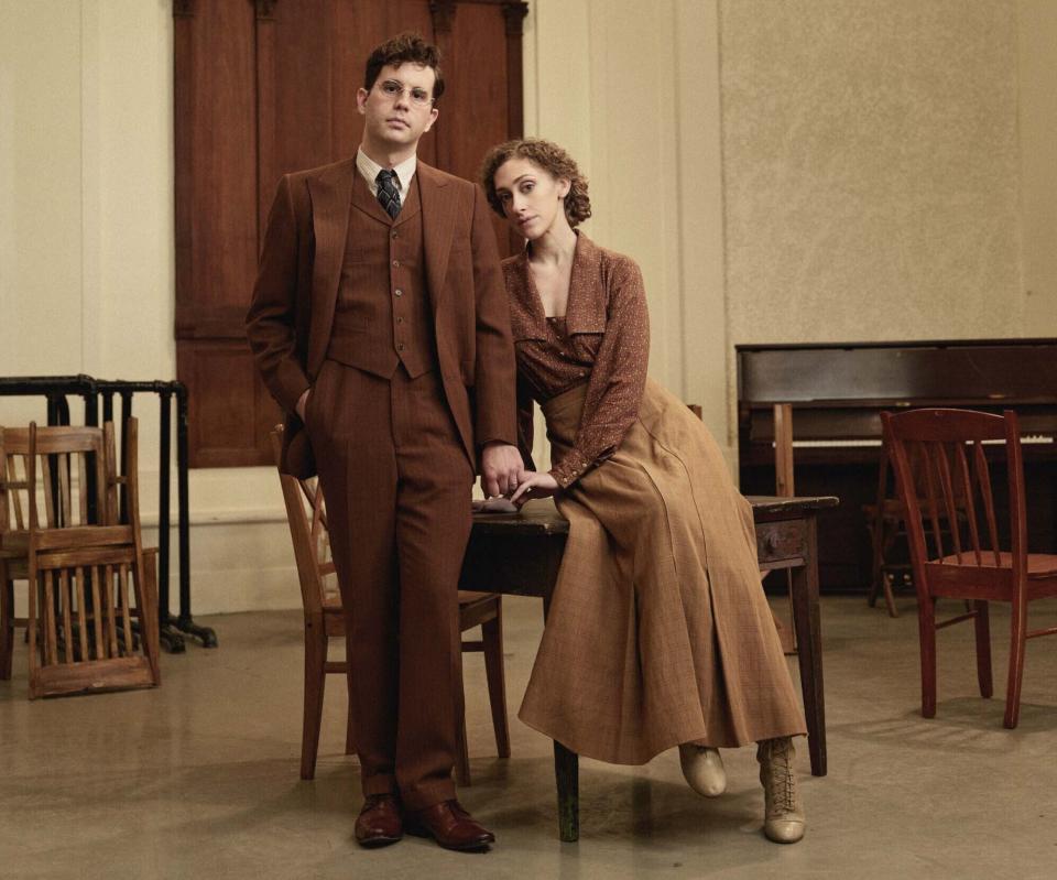 This image released by DKC/O&M shows Ben Platt, left, and Micaela Diamond, in character as Leo and Lucille Frank from the Broadway musical "Parade." (Emilio Madrid/DKC/O&M via AP)