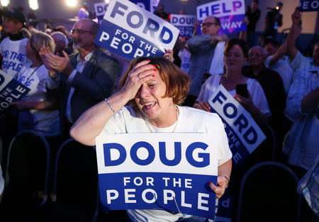 A supporter of Progressive Conservative (PC) leader Doug Ford reacts during his election night party following the provincial election in Toronto, Ontario, Canada, June 7, 2018. REUTERS/Carlo Allegri