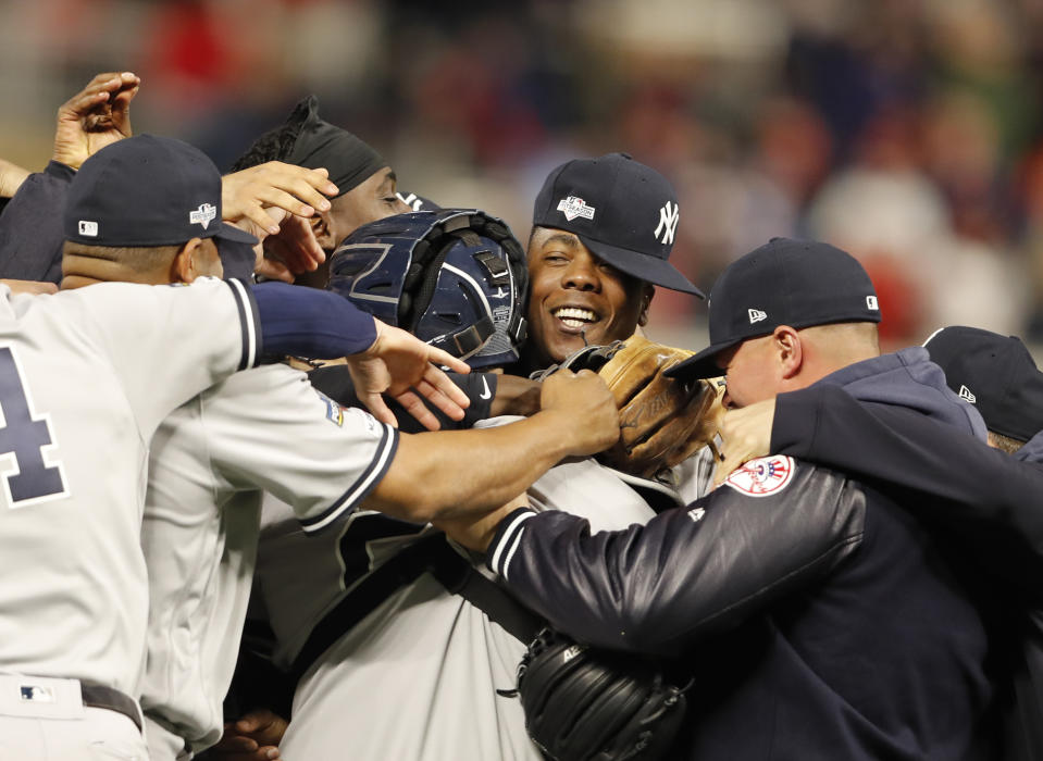 MINNEAPOLIS, MN - OCTOBER 7: The New York Yankees celebrated their win against the Minnesota Twins after game 3 of their American League Division Series at Target Field on Monday, October 7, 2019. (Photo by Leila Navidi/Star Tribune via Getty Images)