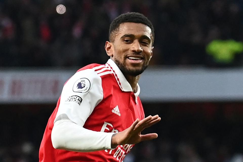 Reiss Nelson celebrates scoring a goal for Arsenal (AFP via Getty Images)