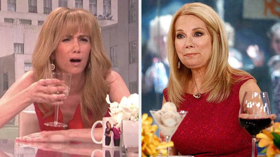 Kristen Wiig drinking a glass of wine in a red dress side by side with Kathie Lee Gifford drinking a glass of wine in a red dress