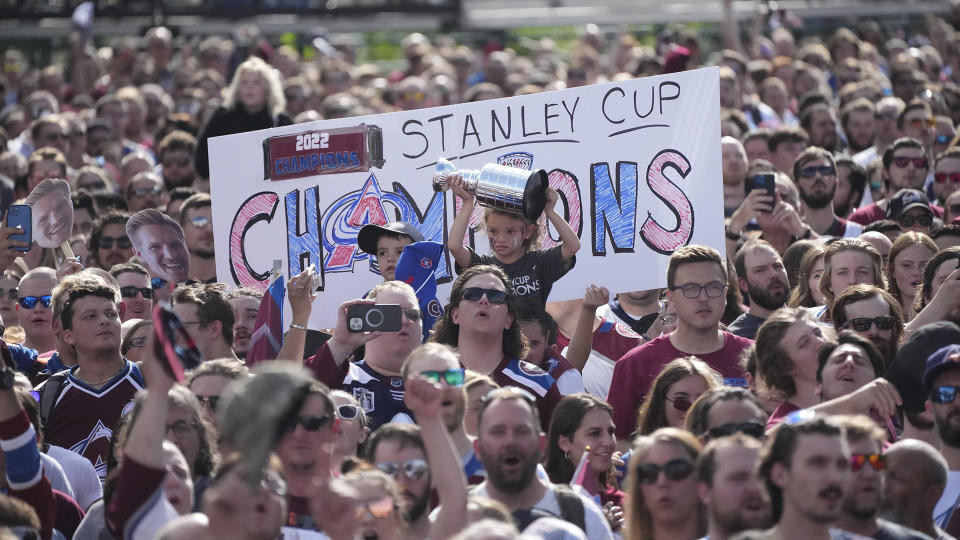 The Colorado Avalanche Stanley Cup parade is underway in Denver. (AP Photo/David Zalubowski)