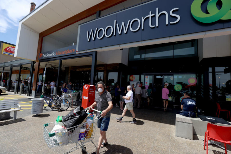 People queuing at Woolworths at West Torrens in Adelaide, Australia. 