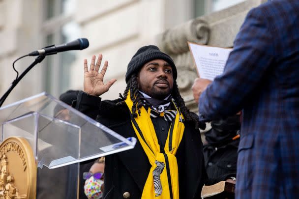 PHOTO: In this Jan. 2, 2021, file photo, Trayon White Sr. is sworn in as a member of the Council of the District of Columbia, representing ward eight, outside of the Wilson Building in Washington, D.C. (The Washington Post via Getty Images. FILE)