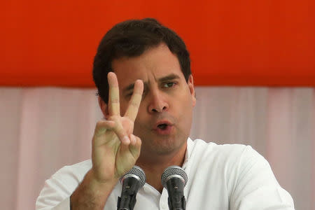 India's main opposition Congress party's vice-president Rahul Gandhi addresses his supporters before what the party calls as "Save Democracy" march to parliament in New Delhi, India, May 6, 2016. REUTERS/Altaf Hussain