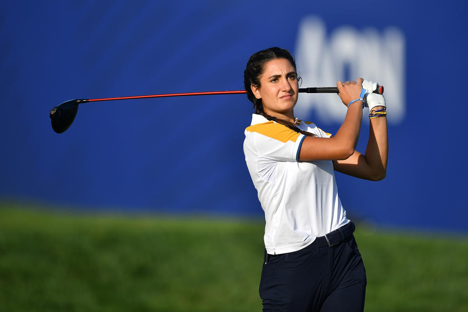 Francesca Fiorellini of team Europe tees off on the 1st hole during the Day Three of the 2023 Junior Ryder Cup at Marco Simone Golf Club on September 28, 2023 in Rome, Italy. (Photo by Valerio Pennicino/Getty Images)