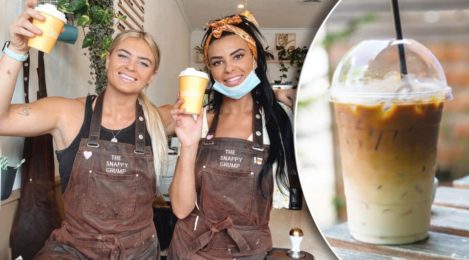 Money wise baristas Gabby and Felicity holding up yellow coffee cups in their cafe and an inset of an iced coffee in a dome cup.