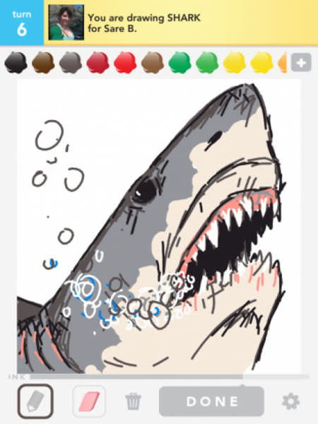 <b><p>SHARK</p></b><br><b><p>Photo credit: <a href="http://www.facebook.com/playdrawsomething" rel="nofollow noopener" target="_blank" data-ylk="slk:OMGPOP;elm:context_link;itc:0;sec:content-canvas" class="link ">OMGPOP</a></p></b>