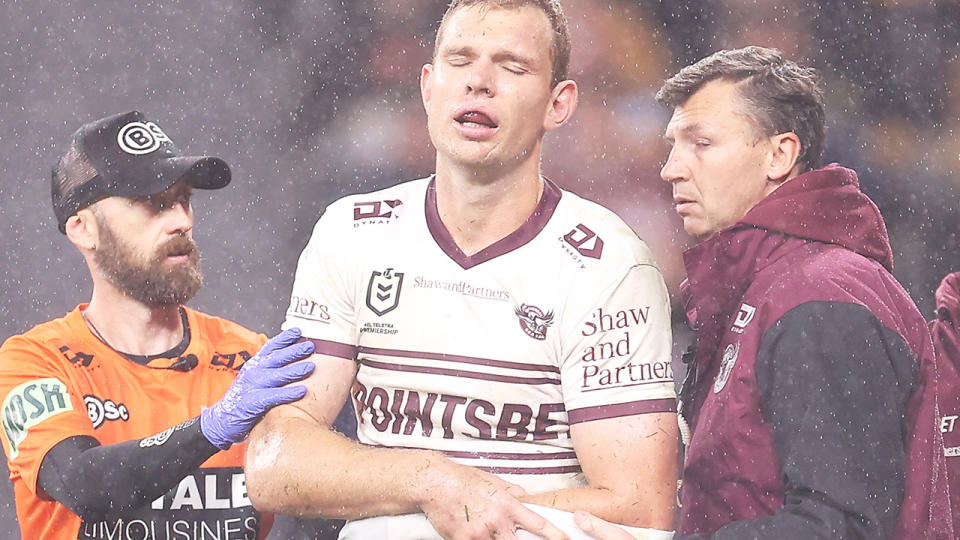 Tom Trbojeic could potentially miss the rest of the NRL season if the Manly star's shoulder injury is serious enough. (Photo by Mark Kolbe/Getty Images)