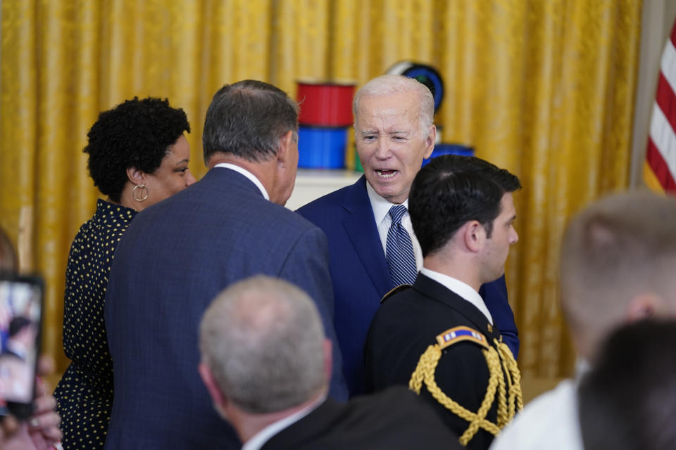 President Joe Biden speaks to people after an event about high speed internet infrastructure, in the East Room of the White House, Monday, June 26, 2023, in Washington. (AP Photo/Evan Vucci)