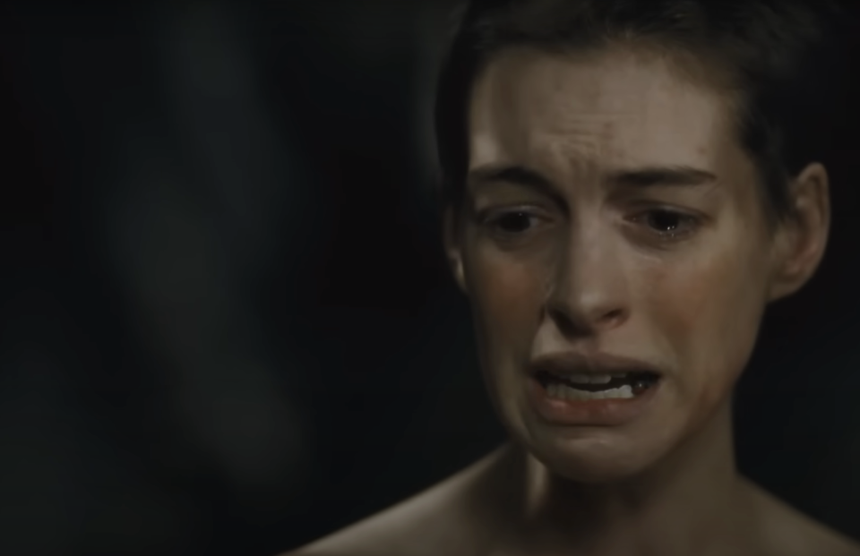 Close-up of an emotional Anne Hathaway as Fantine in "Les Misérables."