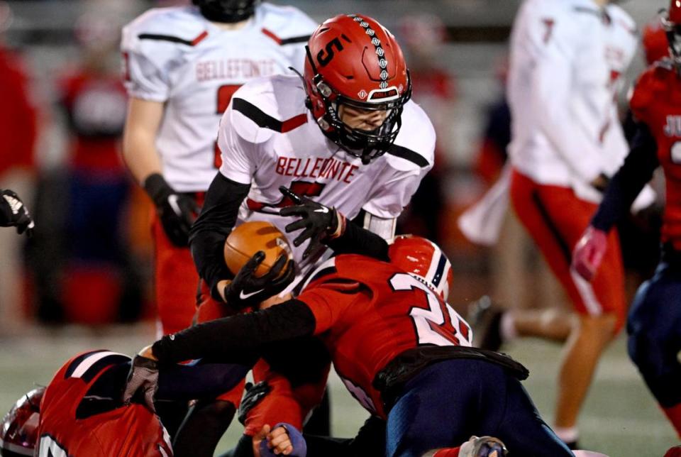 Bellefonte’s Jaeden Gabrovsek is stopped by Juniata defenders during the District 6 4A championship game on Friday, Nov. 3, 2023.