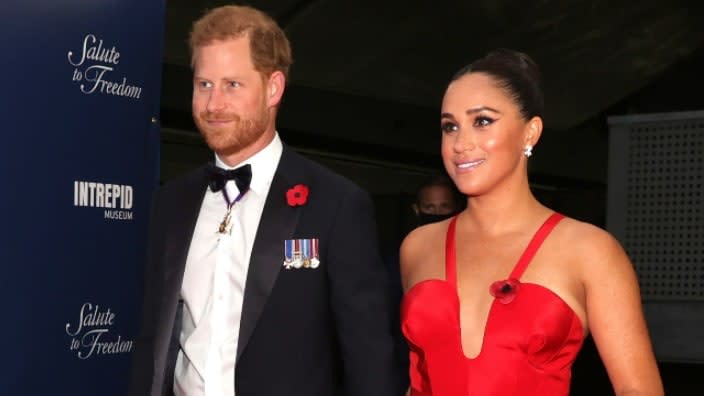 Prince Harry, Duke of Sussex, (left) and Meghan, Duchess of Sussex (right), attend the 2021 Salute To Freedom Gala at Intrepid Sea-Air-Space Museum in New York City. (Photo: Dia Dipasupil/Getty Images)