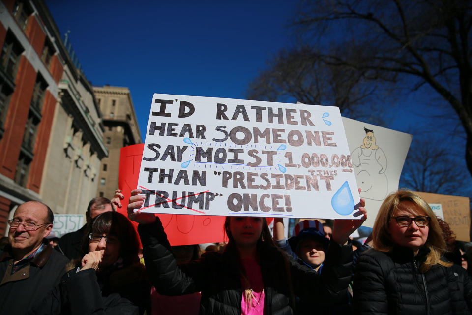 <p>A demonstrator holds up a sign during the “Not My President’s Day” rally on Central Park West in New York City on Feb. 20, 2017. (Gordon Donovan/Yahoo News) </p>