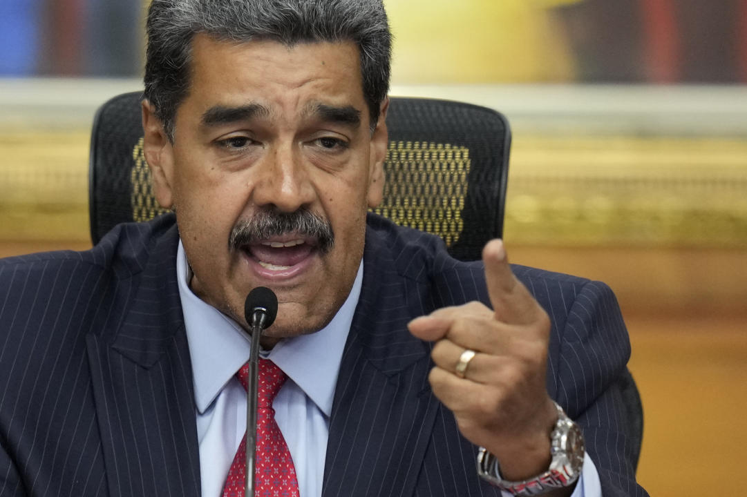 Venezuelan President Nicolas Maduro holds a news conference at Miraflores presidential palace in Caracas, Venezuela, Wednesday, July 31, 2024, three days after his disputed reelection. (AP Photo/Matias Delacroix)