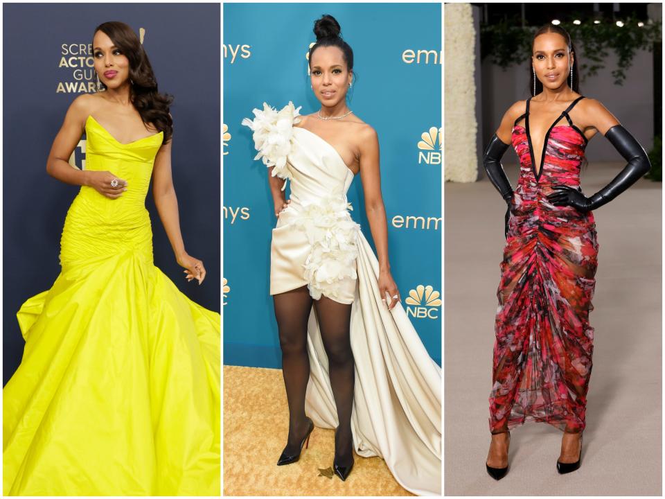Kerry Washington at the SAG Awards, the Emmys, and the Academy Museum Gala in 2022.