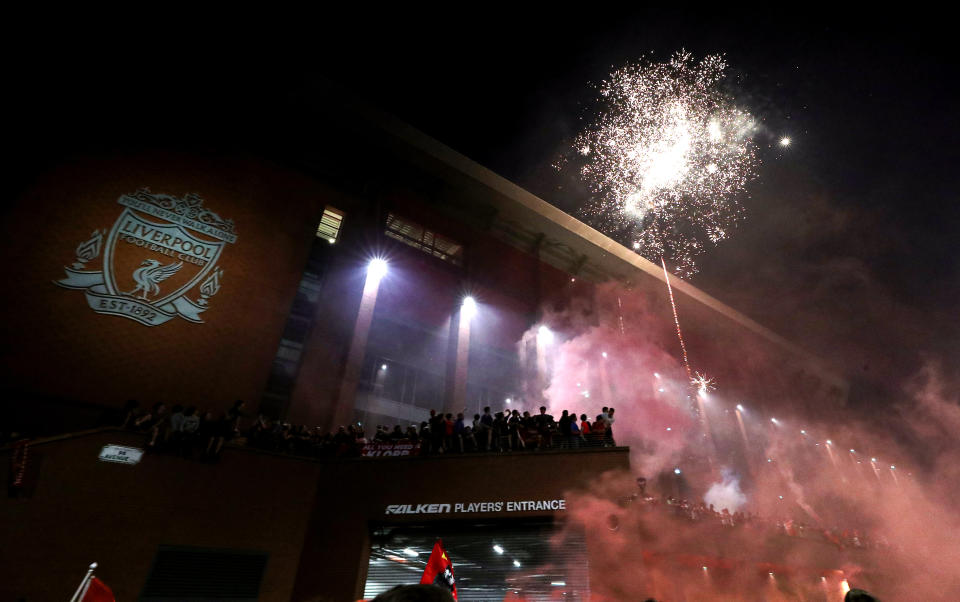 Fireworks and flares were spotted outside the Merseyside club's ground as fans marked their return to the top of English football.