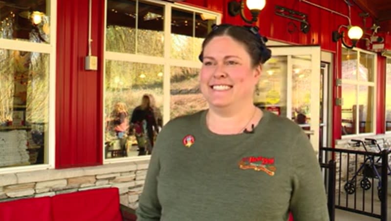 Employee-owner Cassidy Stockton of Bob's Red Mill talks about Bob Moore during the celebration of his life, February 24, 2024 (KOIN)