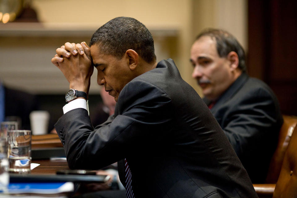 <p>"The President appears in deep thought as he and senior advisor David Axelrod listen during a climate change meeting in the Roosevelt Room of the White House on October 14, 2009. A moment later, he was laughing at a humorous exchange." (Pete Souza/The White House) </p>