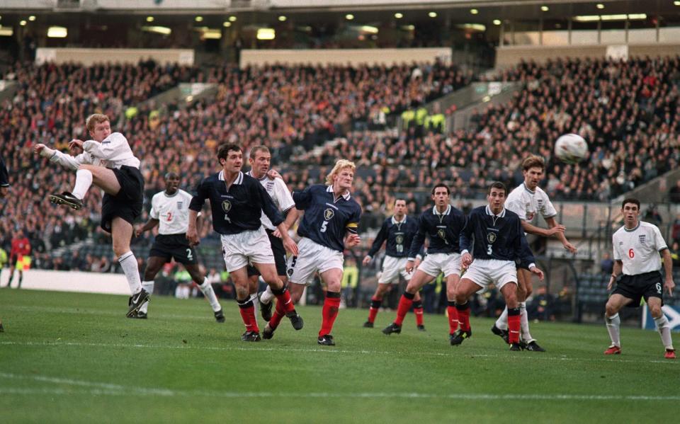 Scotland v England at Hampden Park, Paul Scholes scores England's second goal with a header from a free-kick - Mark Leech/Getty Images