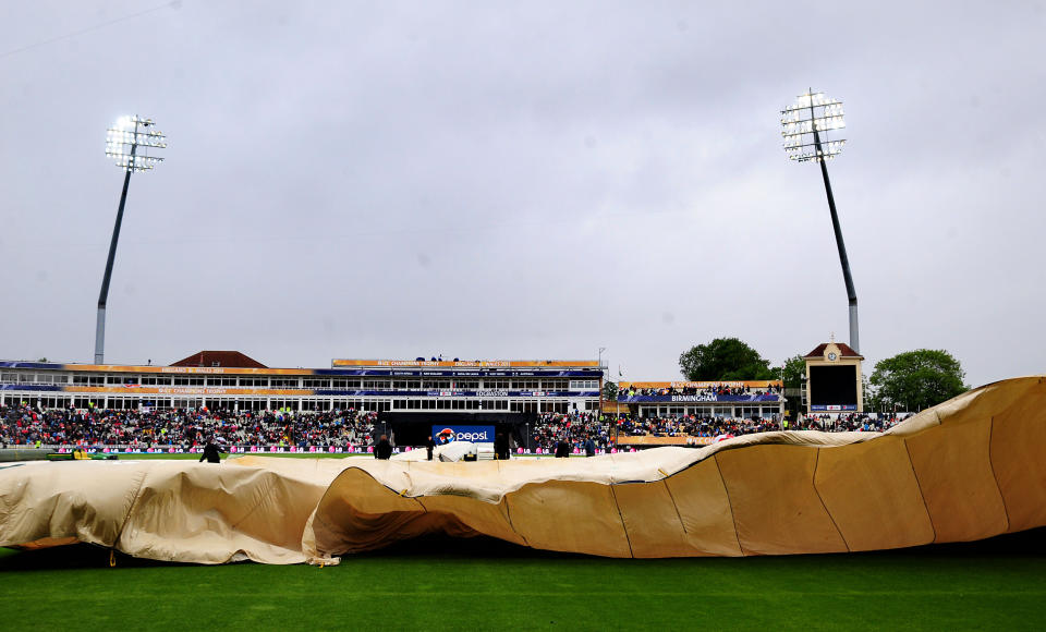 Covers at Edgbaston pitch as rain delays play during the ICC Champions Trophy Final at Edgbaston, Birmingham.