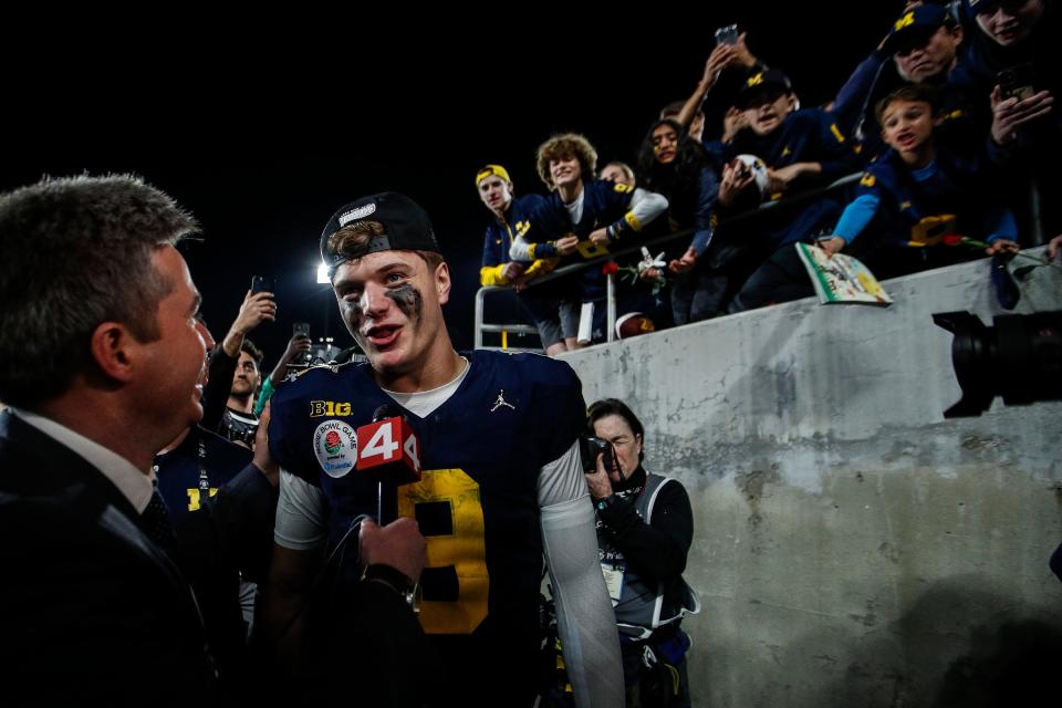 Michigan quarterback J.J. McCarthy celebrates a 27-20 Rose Bowl win over Alabama at the 2024 Rose Bowl in Pasadena, Calif., on Monday, Jan. 1, 2024.