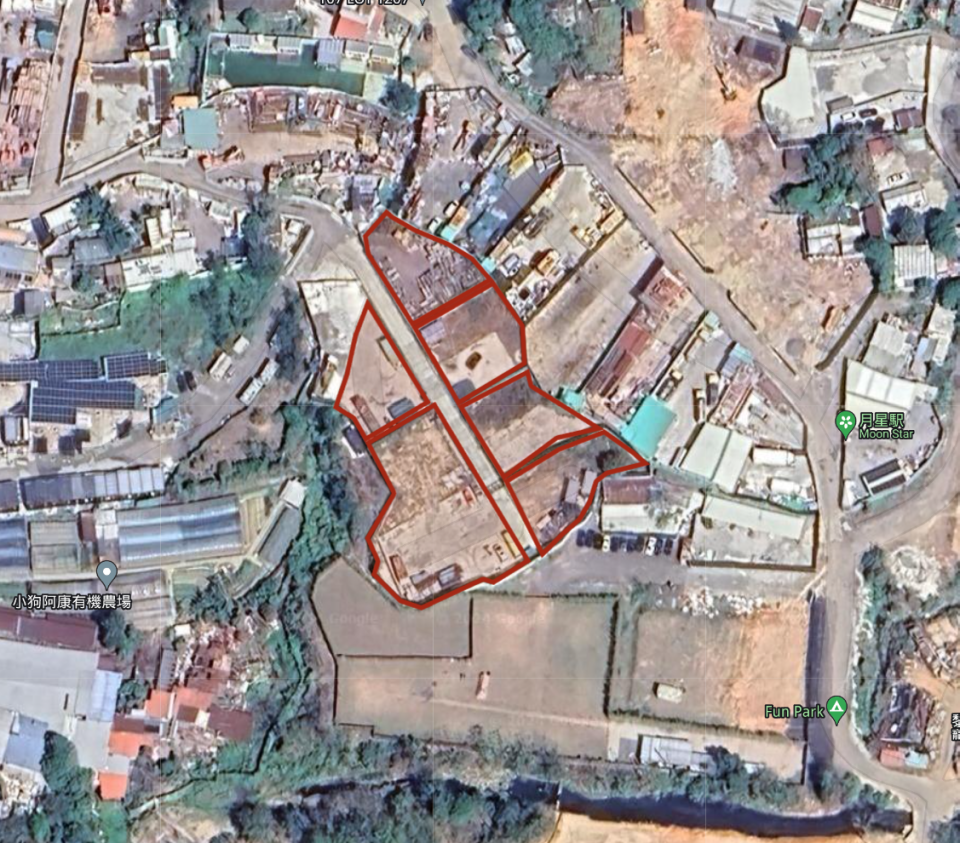 元朗逢吉鄉農地分拆成 6 宗申請改劃為動物寄養所。（Google Earth衞星圖片／本研社製圖）
