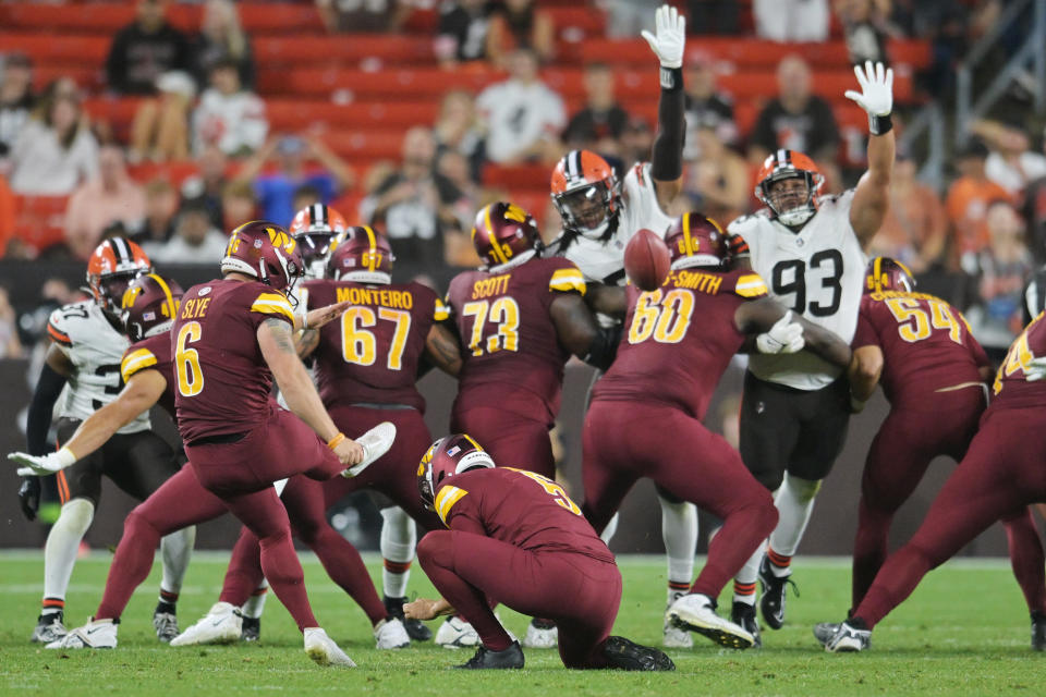 Washington Commanders place kicker Joey Slye (6). Mandatory Credit: Ken Blaze-USA TODAY Sports