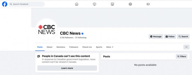 Warning that news stories cannot be shared on Facebook by users in Canada