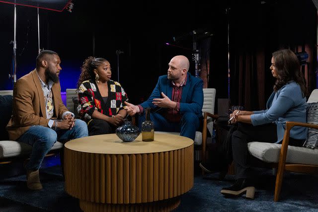 <p>warner bros./Discovery</p> From left: Bryan Hearne, Giovonnie Samuels, Shane Lyons and Soledad O'Brien in "Quiet on Set: Breaking the Silence"